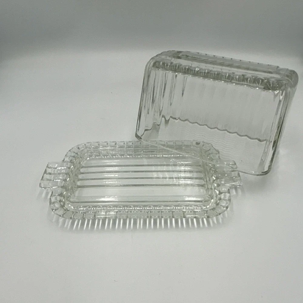 Clear Glass Rectangular Covered Butter Dish with Lid Geometric Ribbed Design